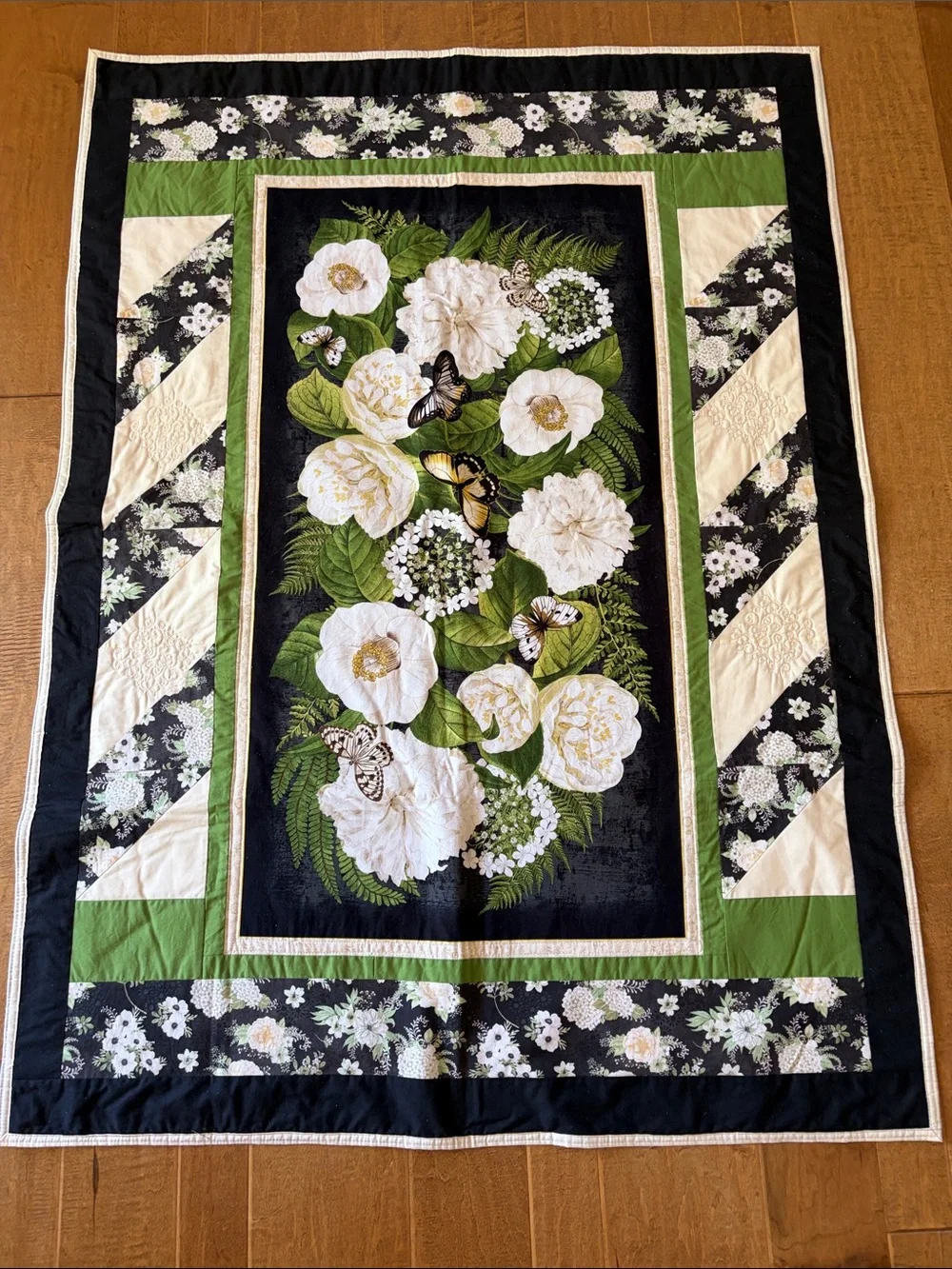 Floral Garden Quilted Throw Blanket in Black, White & Green OR Wall Hanging
